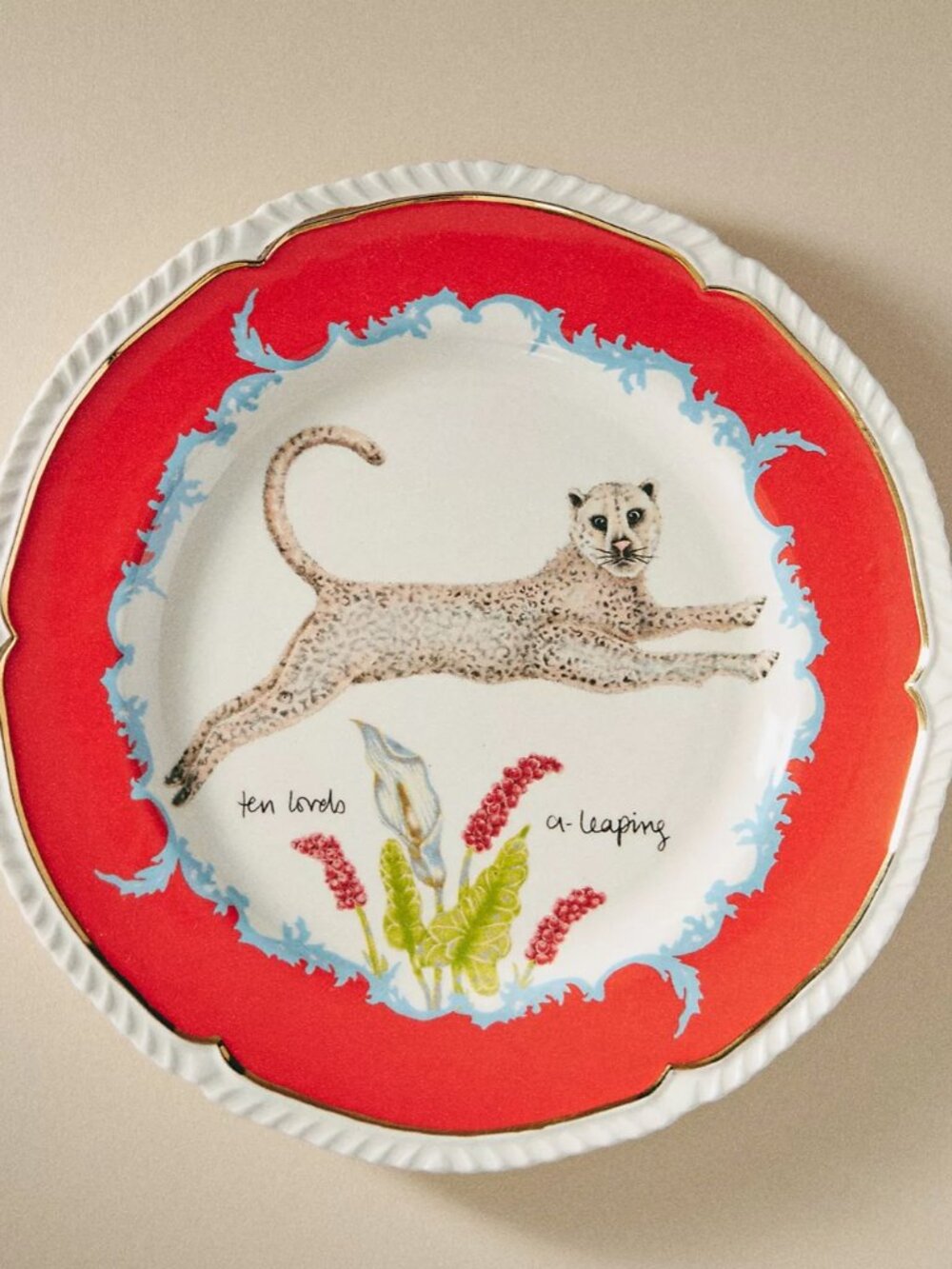 Anthropologie Lou Rota 12 Days of Christmas Dessert Plate-  10 Lords a Leaping